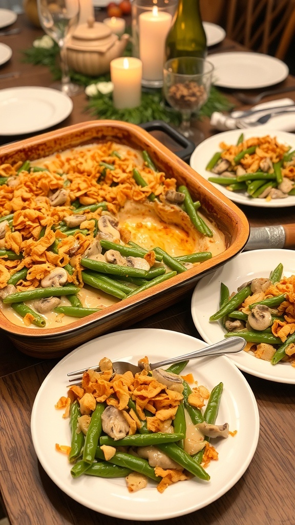 A delicious green bean casserole with crispy fried onions on top, served in a rustic dish.